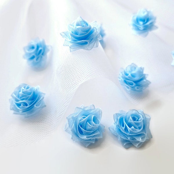 Mini flor azul 20 mm adorno organza flor apliques organza cinta rosa flores para artesanías flores de tela mini suministro artesanal 5 piezas