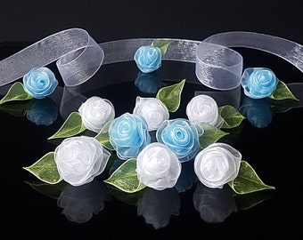 Blue organza flowers rose ribbon flower applique, Sew on rose mini organza flower, Sew on flowers dress appliques Blue roses dress appliques