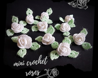 Mini crochet roses flowers applique with leaves, White roses clothing applique, Rose flower Mini flowers Crochet roses small embellishment