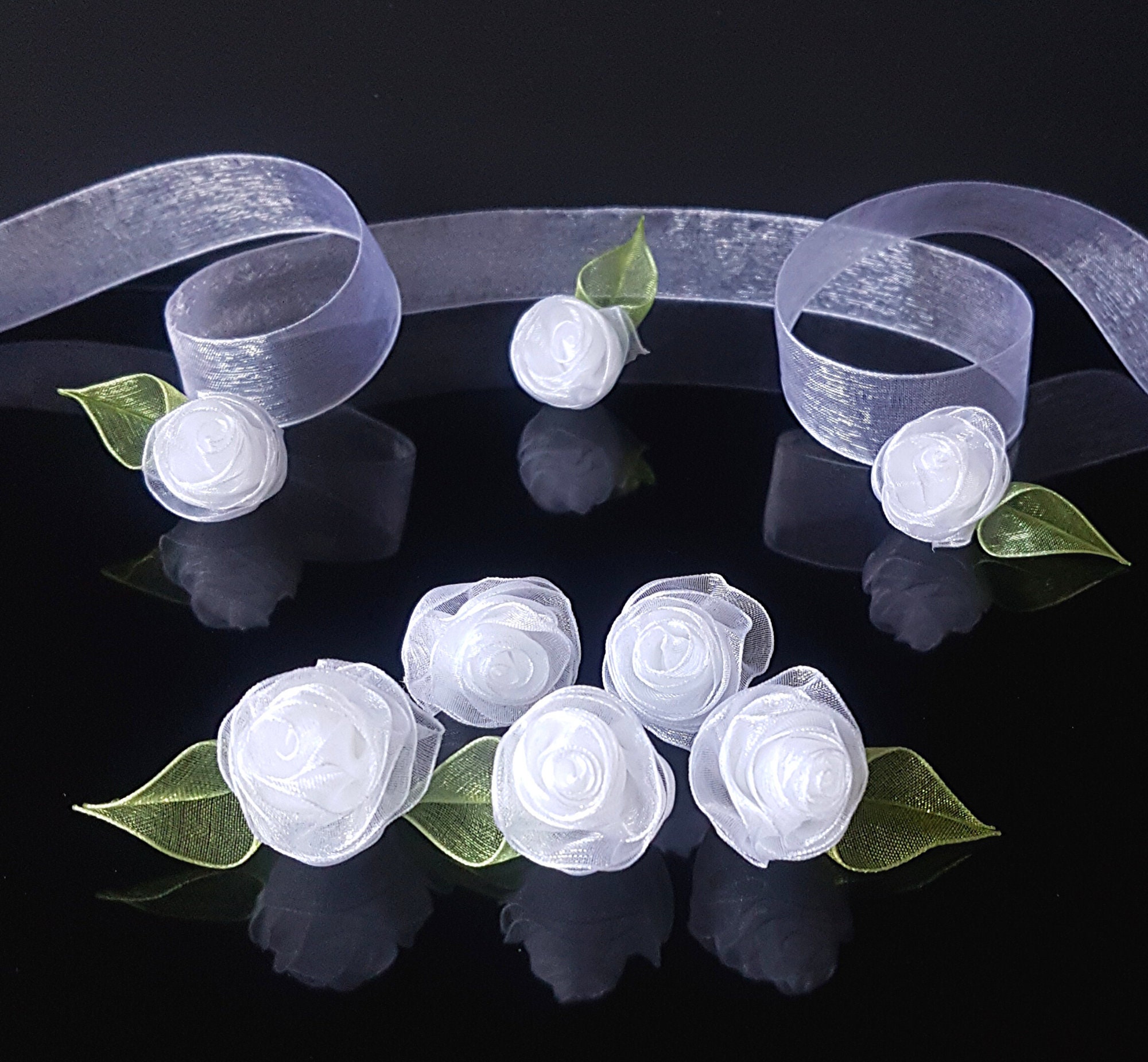 White Organza Flowers Rose Ribbon Flower Applique Sew on Rose Mini ...