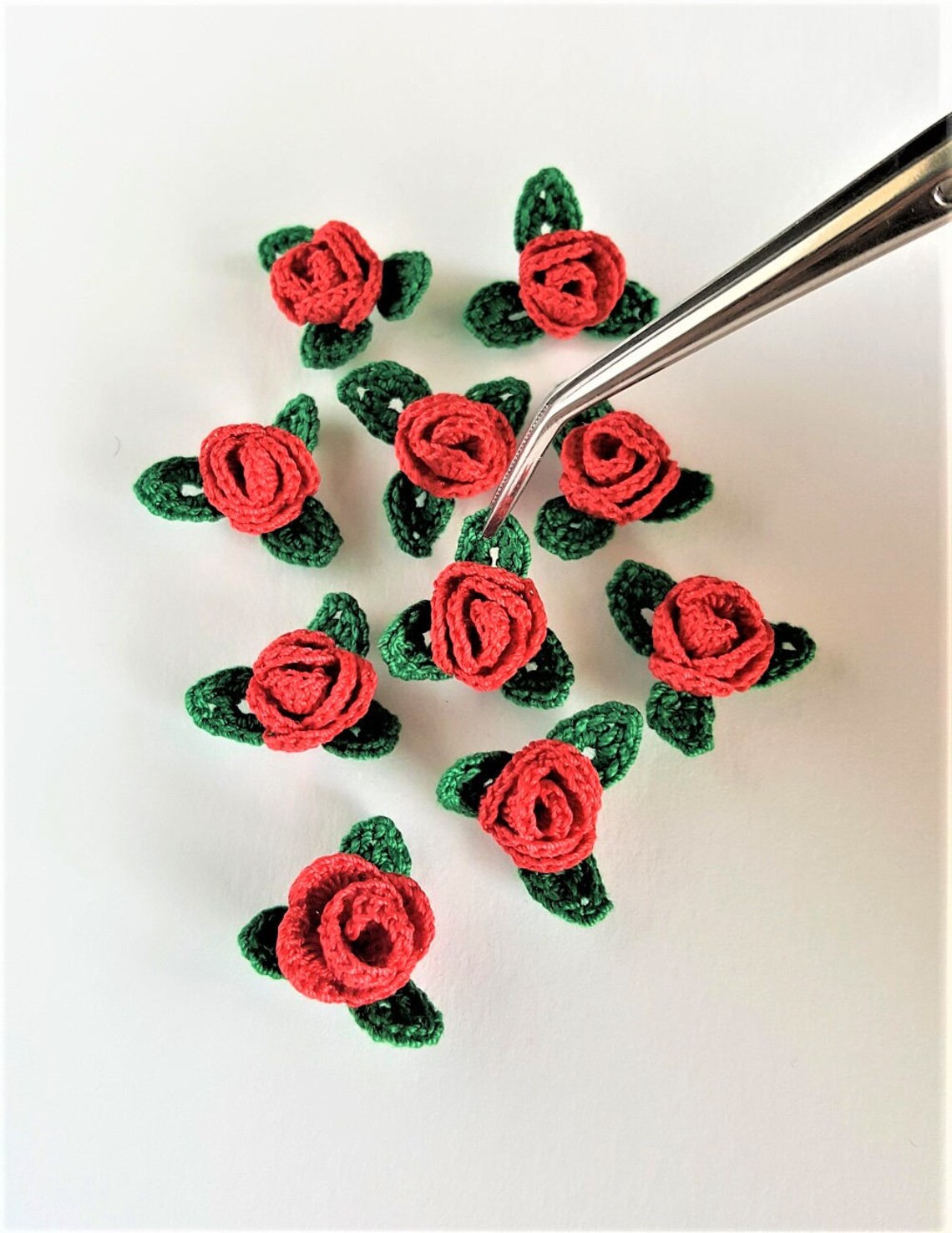 Mini rose flowers applique with leaves Red crochet flower Etsy