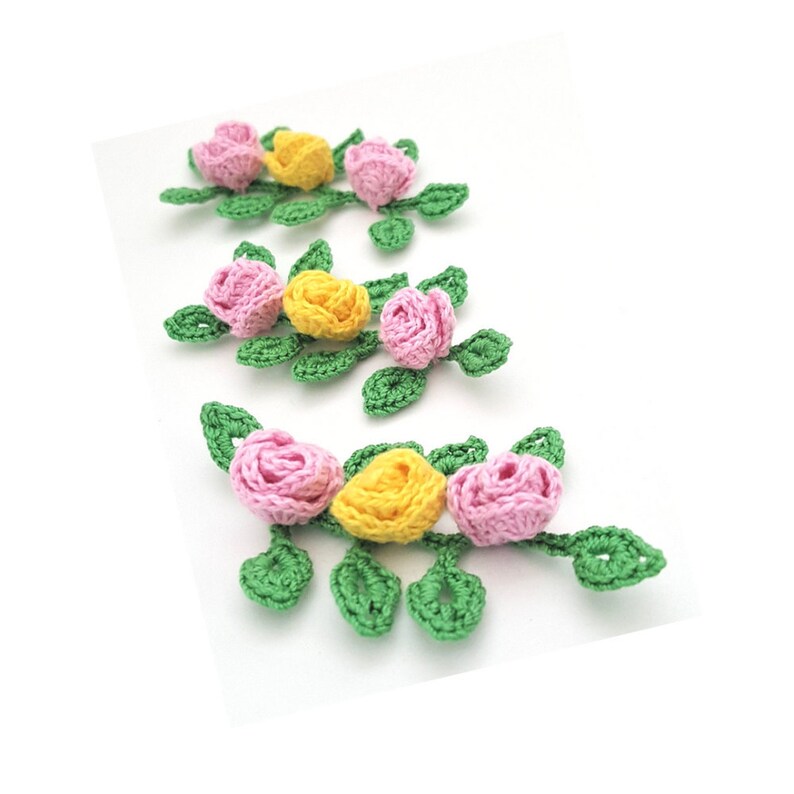 Mini Crochet Roses Appliques With Leaves 3pcs Crocheted Etsy