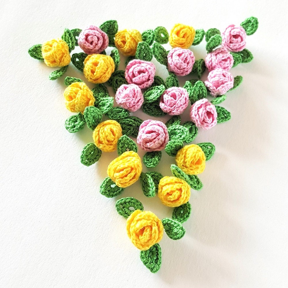 Mini Crochet Roses Appliques With Leaves Crocheted Flowers Etsy