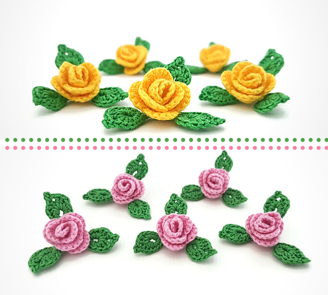Mini Crochet Roses Appliques With Leaves Crocheted Flowers Etsy