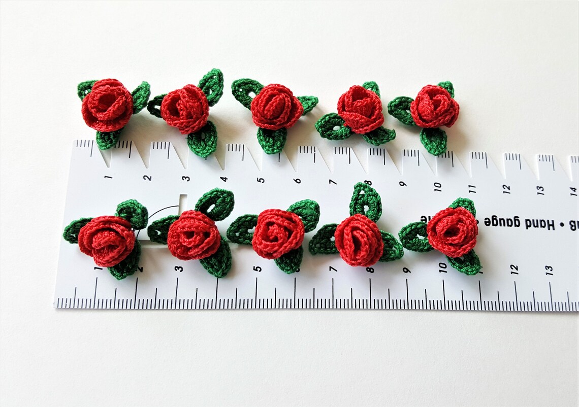 Mini rose flowers applique with leaves Red crochet flower Etsy