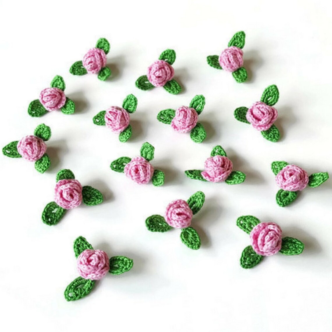 Mini Crochet Roses Appliques With Leaves Crocheted Flowers Etsy