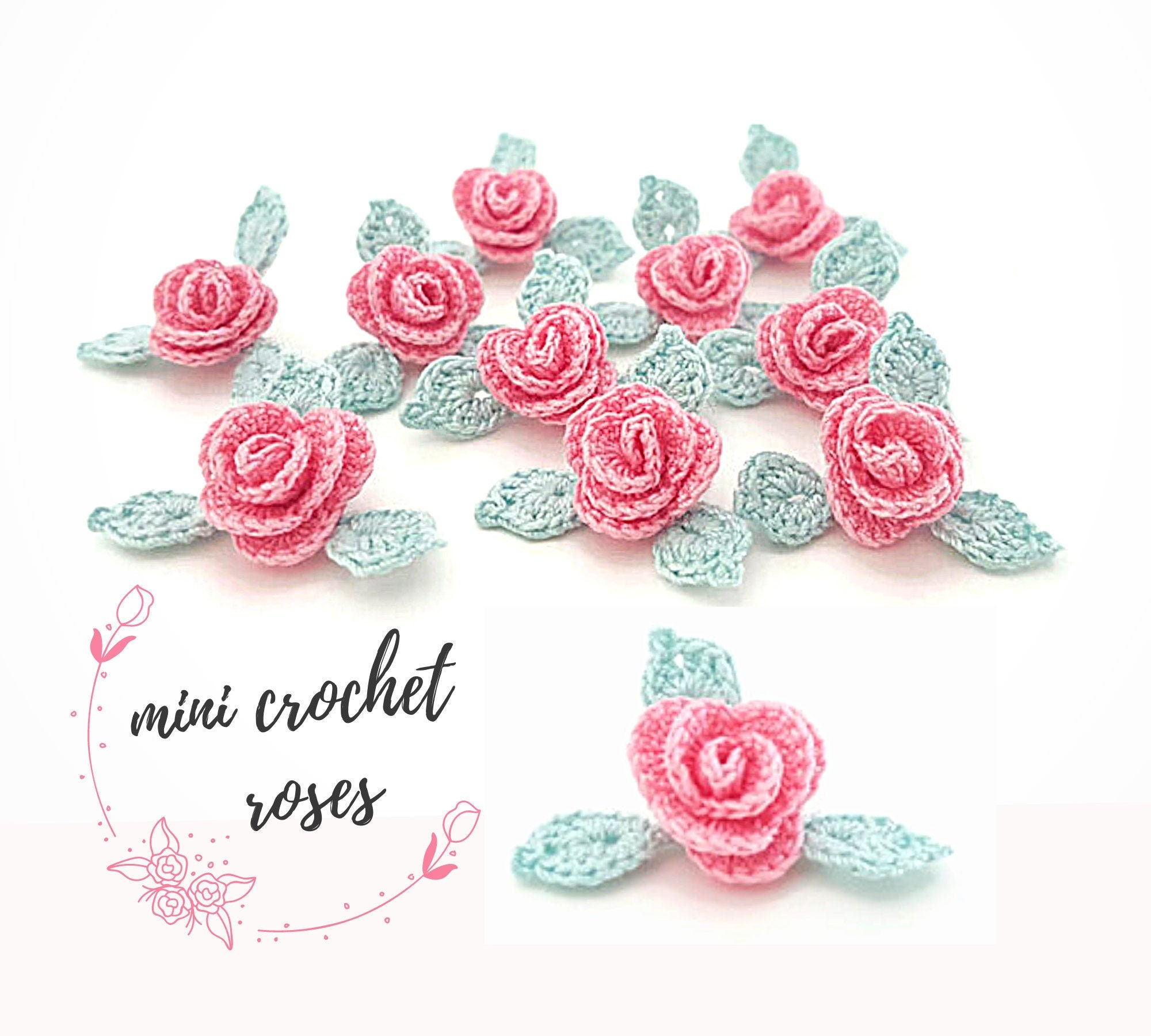 Pink Crochet Flower Applique Mini Roses Flowers Small Crochet Roses ...