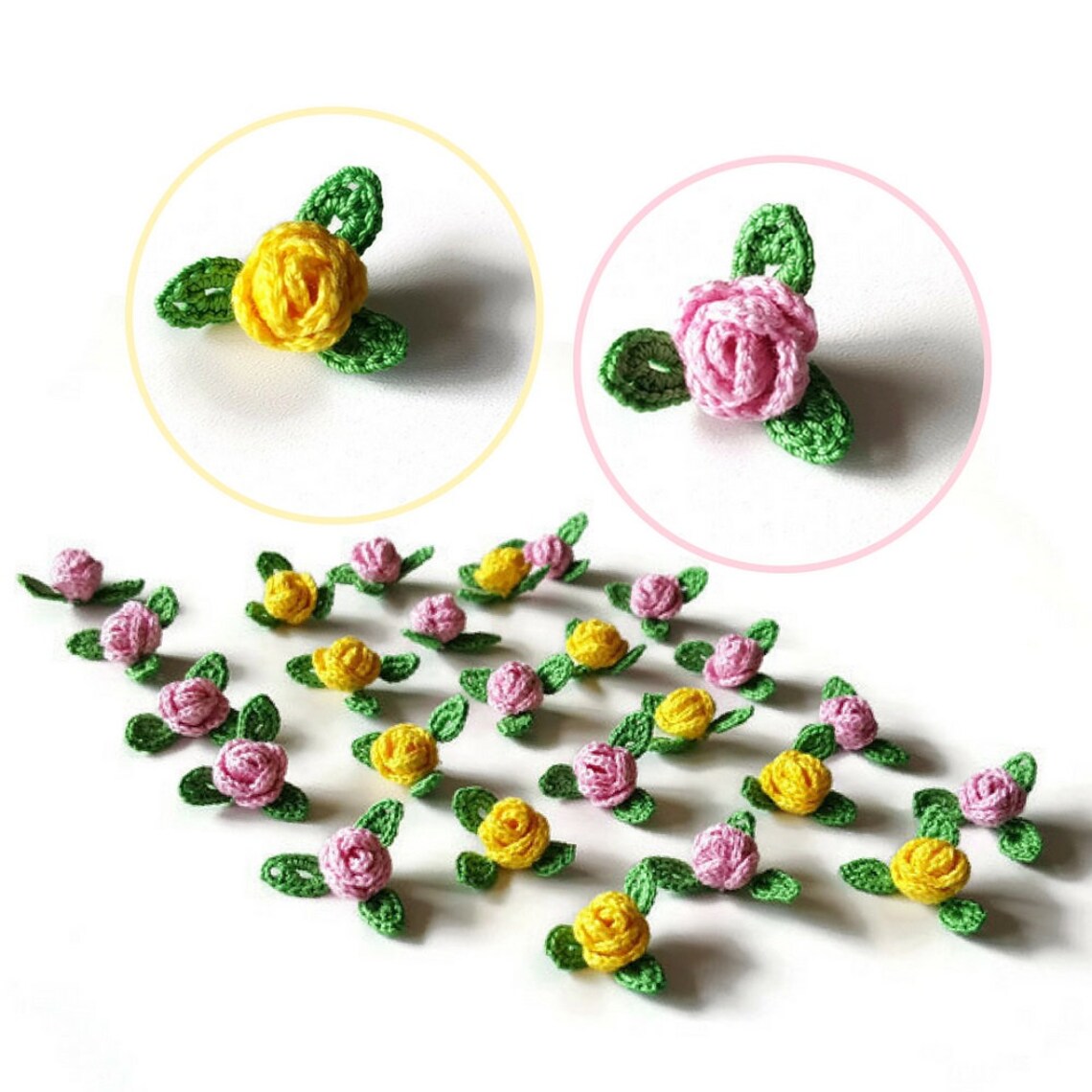 Mini Crochet Roses Appliques With Leaves Crocheted Flowers Etsy