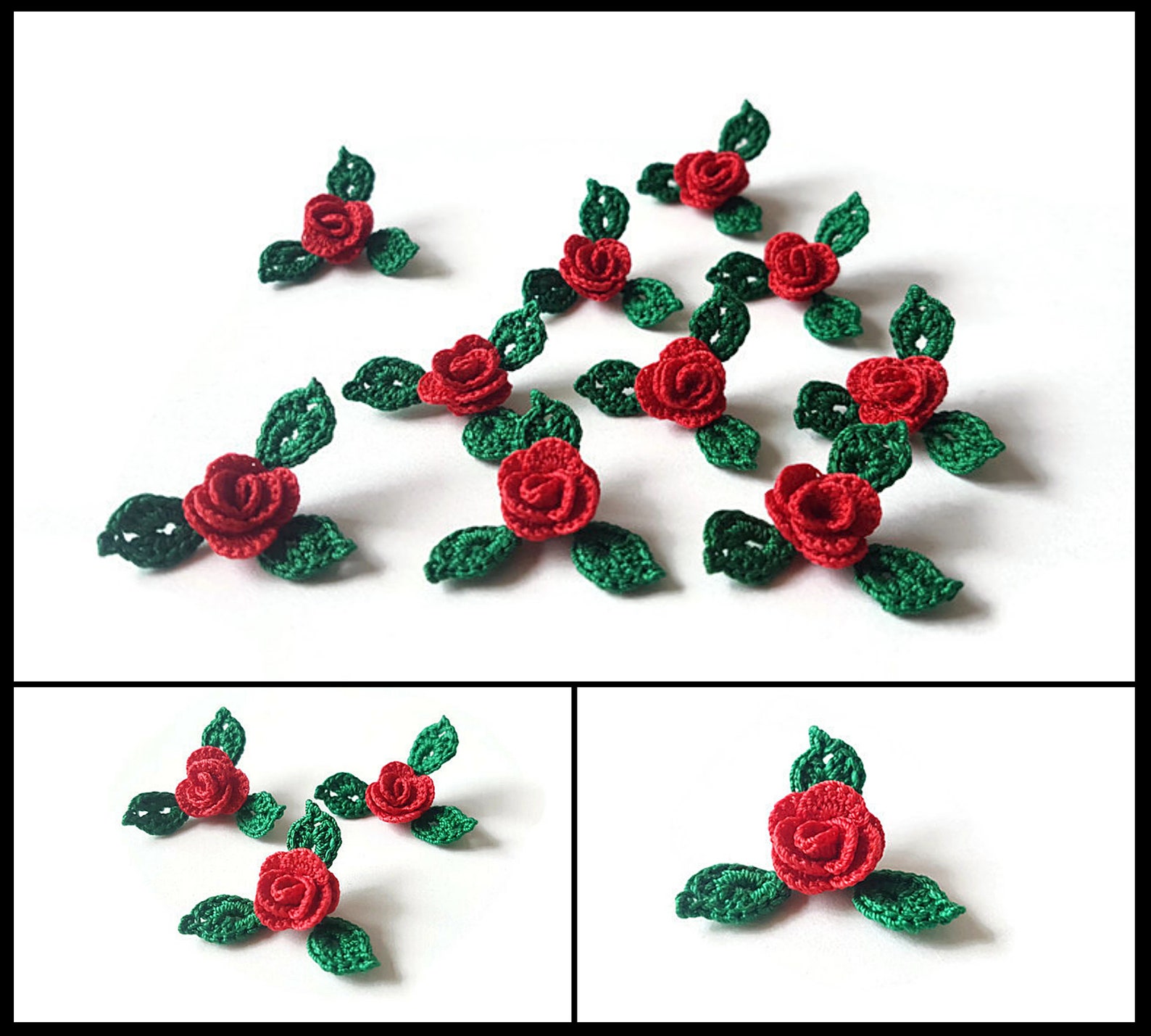 Mini rose flowers applique with leaves Red crochet flower Etsy