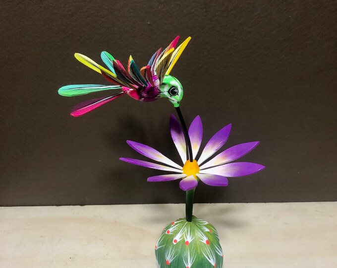 Handcrafted Alebrije Flowering Cactus with Hummingbird Woodcarving from Oaxaca, Mexico