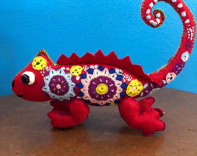 Hand Sewn Stuffed Animal Chameleon Lizard Reptile Plush Toy with Premium Colorful Embroidery