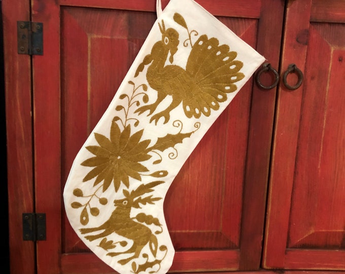 Hand Embroidered (Off White Cotton) Otomi Large Christmas Stocking with Gold Embroidery from Hidalgo, Mexico