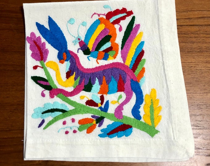 Otomi hand embroidered 19" x 19" muslin napkin - with spirit animal - multi-colored