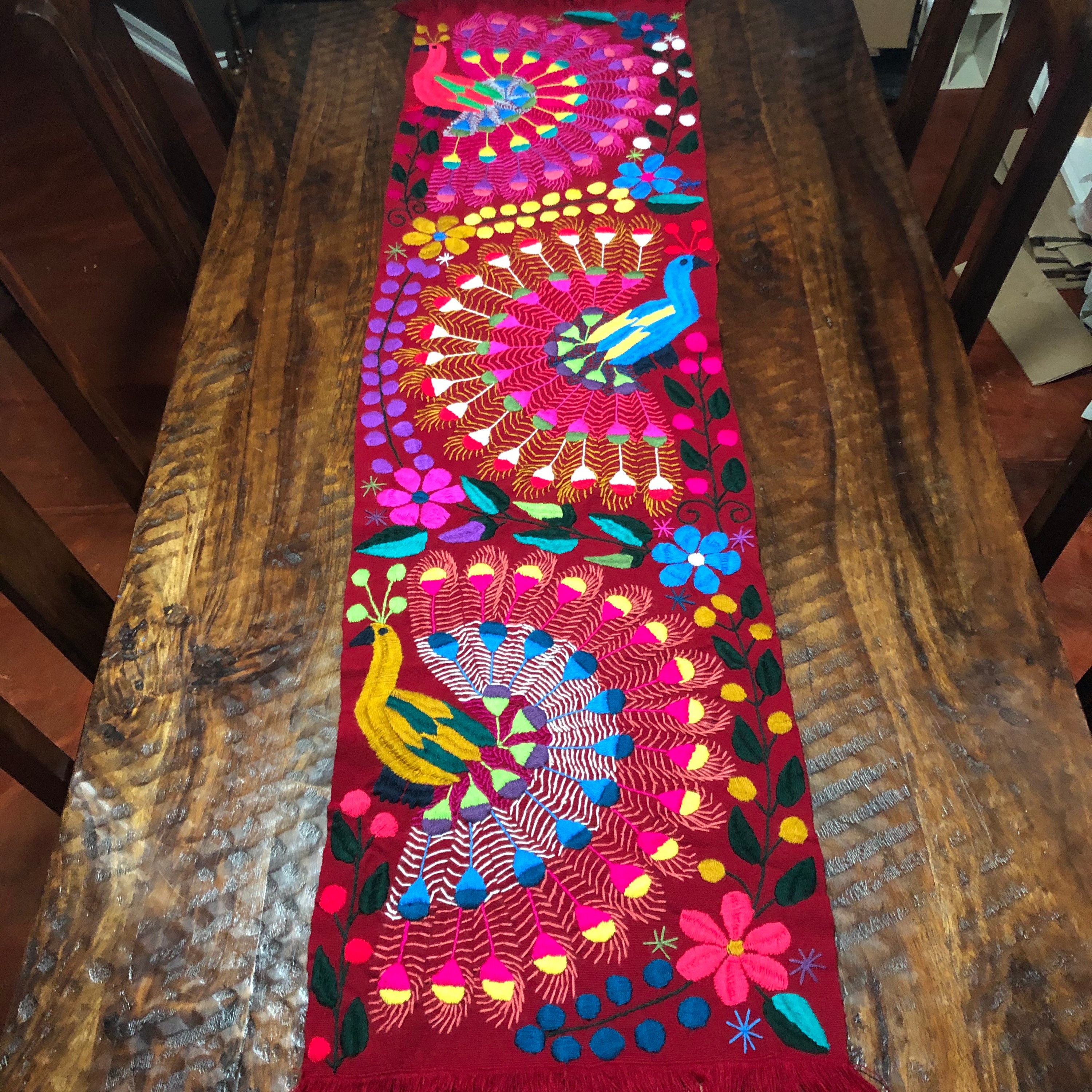Peacock Hand Embroidered Table Runner Dark Red with Peacocks and Flowers