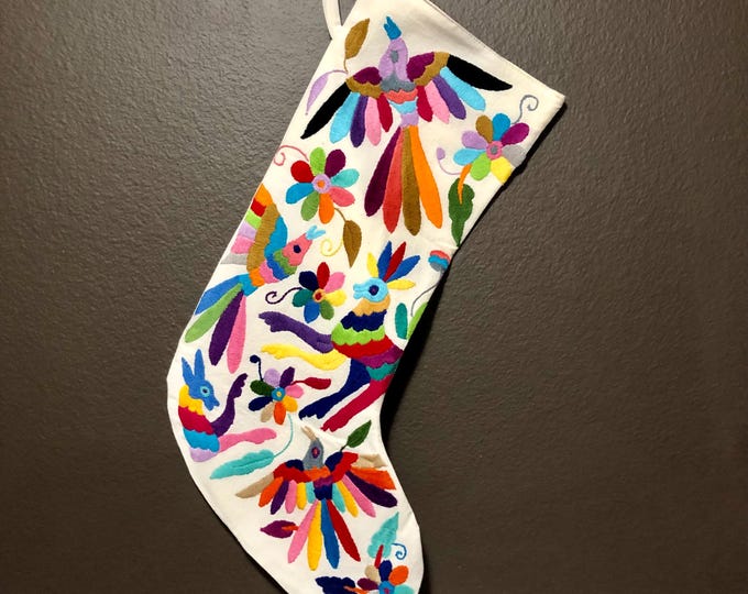 Hand Embroidered Otomi Large Christmas Stocking with Multicolor Embroidery from Hidalgo, Mexico (Off-White Cotton)