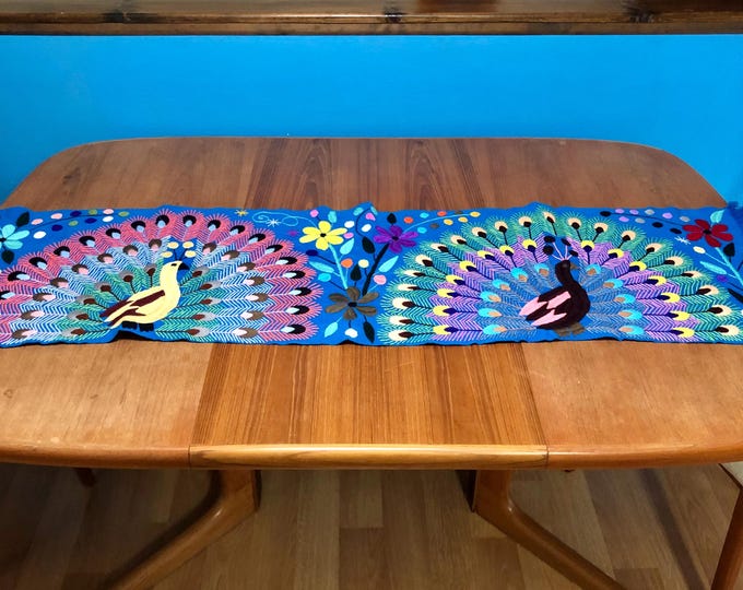 Hand Embroidered Table Runner - Blue Base with Multicolored Peacocks and Flowers