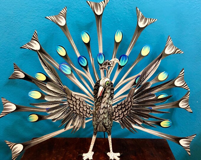 Alebrije Large Peacock Handcrafted Wood Carving by Esperanza Martinez from Oaxaca, Mexico.