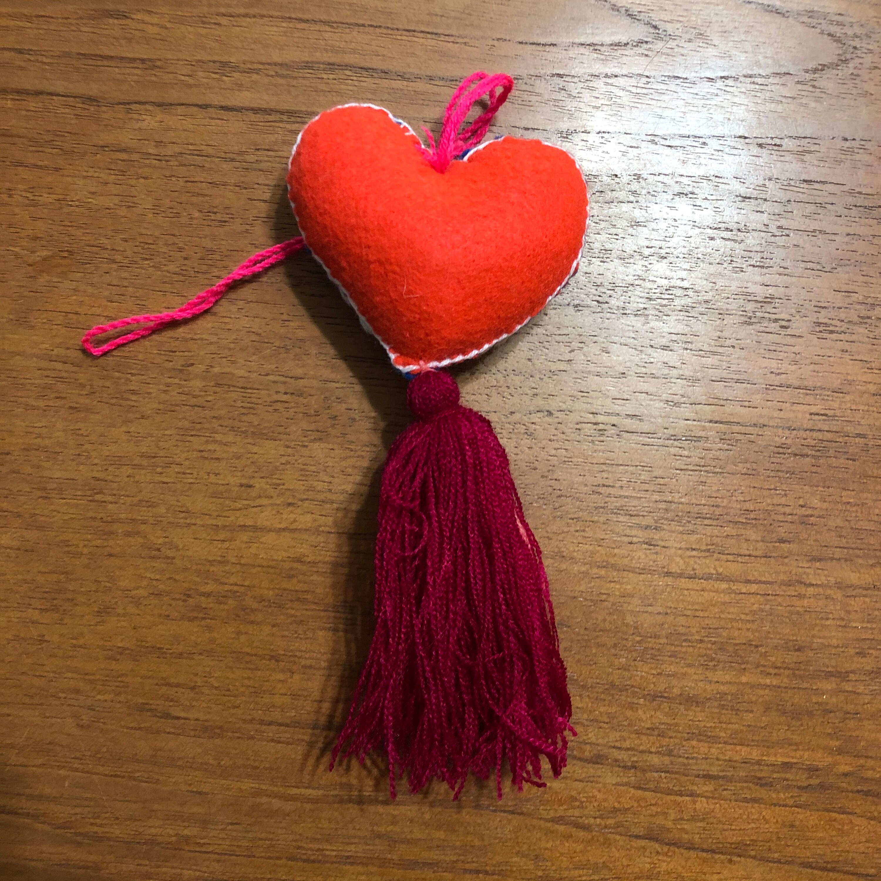 Hand Sewn Wool Felt Hanging Heart Ornament with Cotton Embroidery