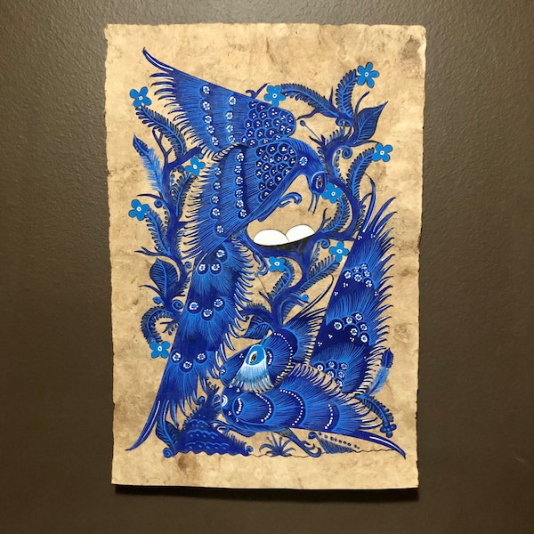 Handpainted Amate Paper Art with Blue Birds