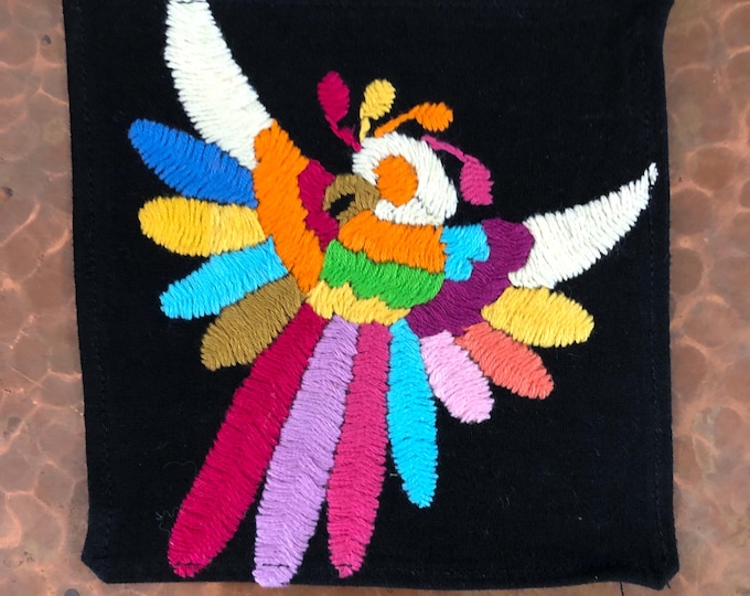 Otomi hand embroidered muslin coaster/cocktail napkin/frame-able art with multicolor bird design approx.  (4.5” x 4.5”)