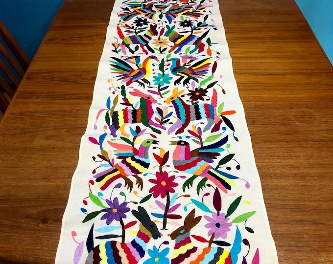 Hand Embroidered Otomi Table Runner: Mexican Folk Art Bed Scarf (74” x 17”)