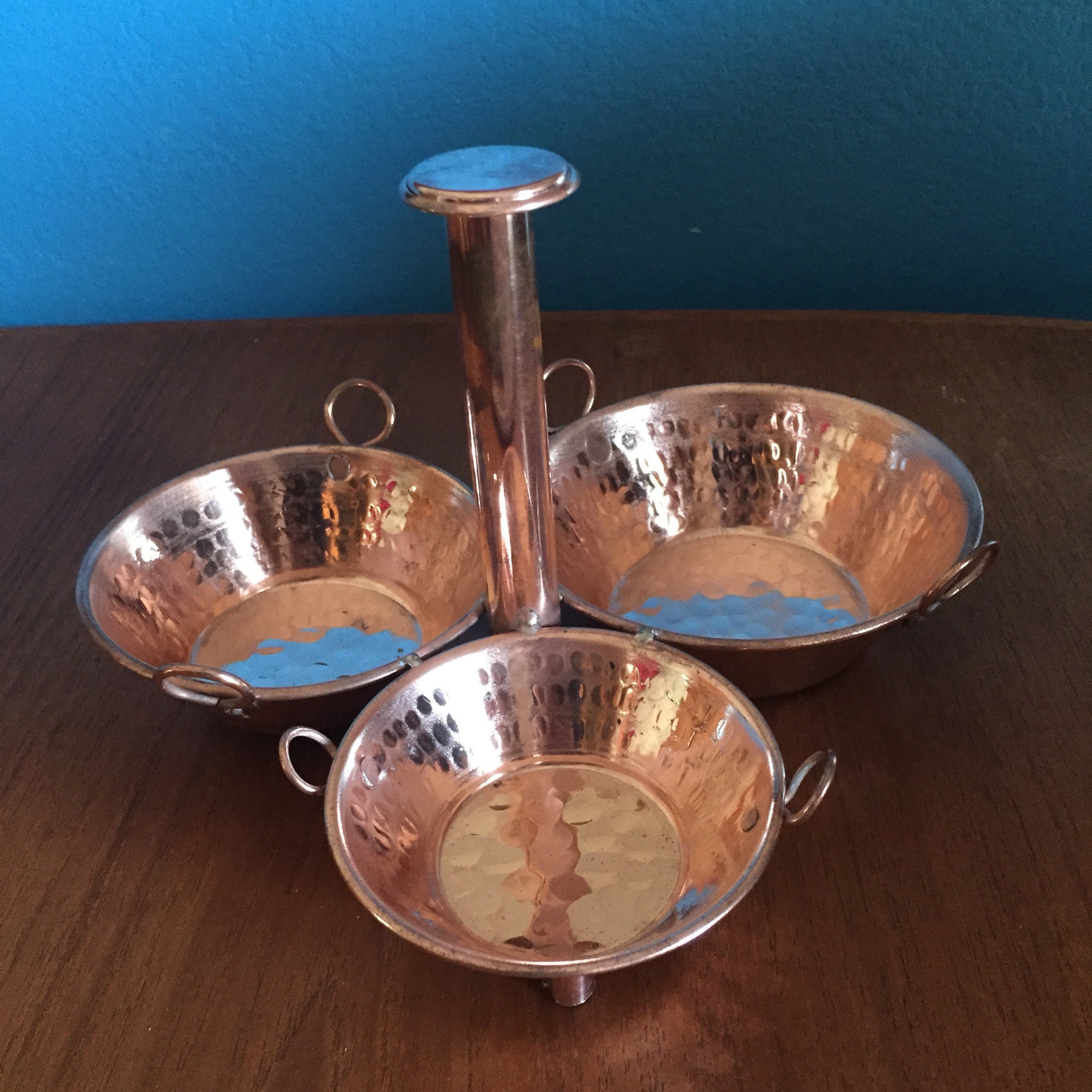 Hammered Copper Serving Tray with Three Dishes 8 x 5 1/2 x 8
