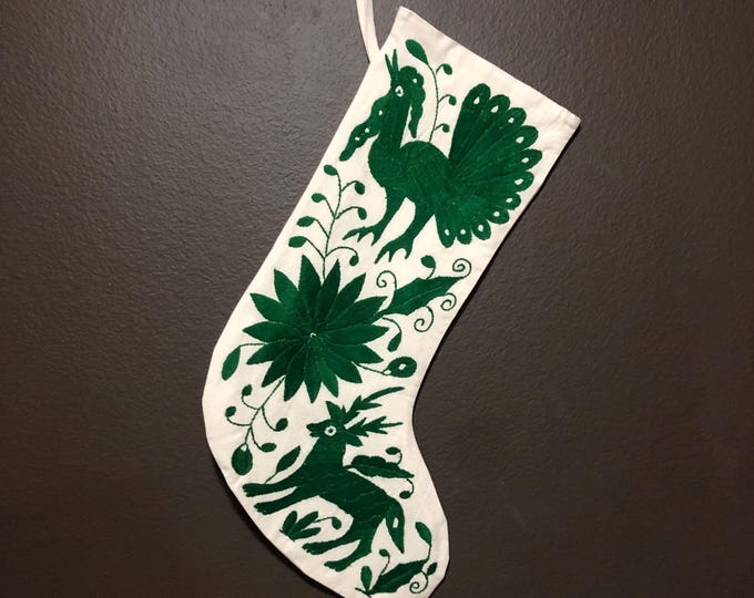Hand Embroidered Otomi Christmas Stocking: Green Embroidery