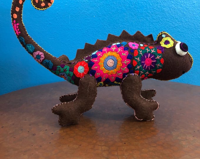 Hand Sewn Stuffed Animal Chameleon Lizard Reptile Plush Toy with Premium Colorful Embroidery