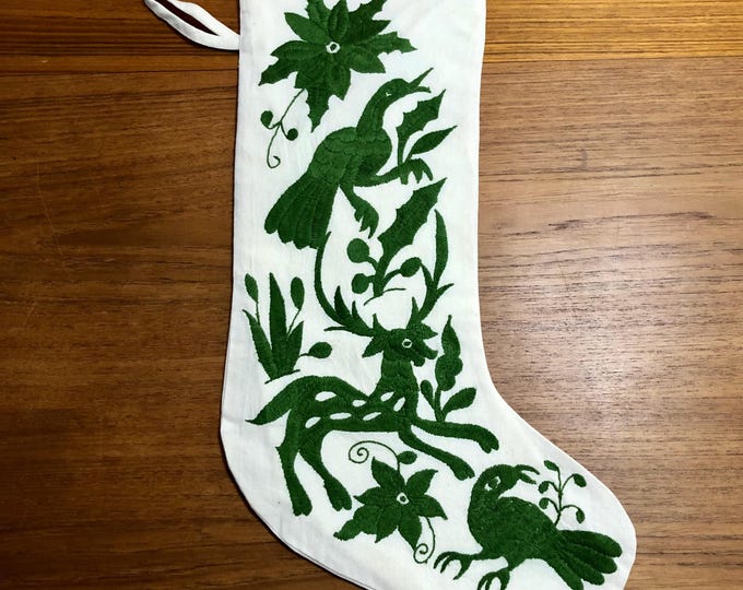 Hand Embroidered Otomi Large Christmas Stocking with Forest Green Embroidery from Hidalgo, Mexico (Off-White Cotton)