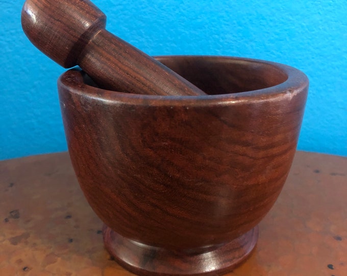 Hand carved wood mortar and pestle made with Guamuchil wood from Mexico