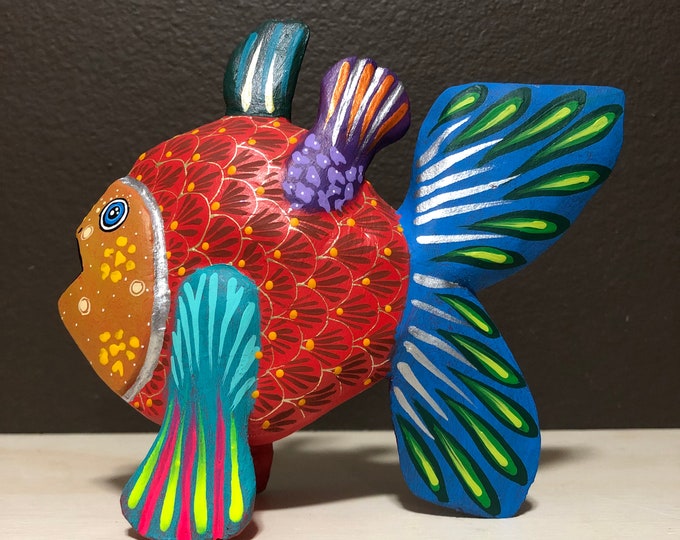 Alebrije Fish Handcrafted Wood Carving by Taller Zeny Fuentes hand painted by Michelle Fuentes from Oaxaca, Mexico.