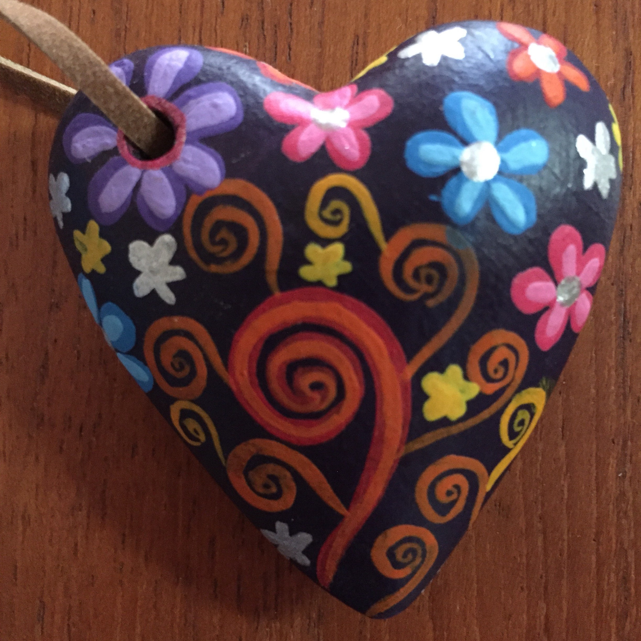 Hand carved hand painted wood heart keychain