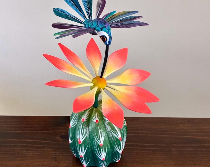 Handcrafted Alebrije Flowering Cactus with Hummingbird Woodcarving from Oaxaca, Mexico