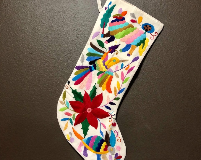 Hand Embroidered Otomi Christmas Stocking: Multicolor Mexican Folk Art