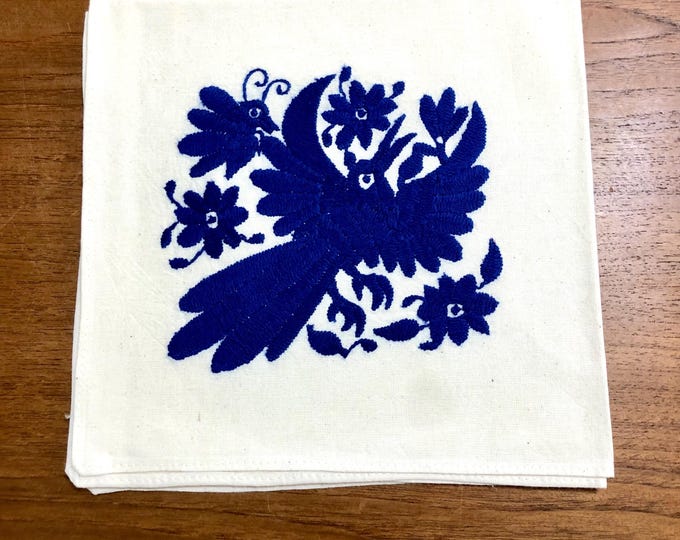 Otomi hand embroidered approx. 17” x 17" muslin napkin - with blue bird