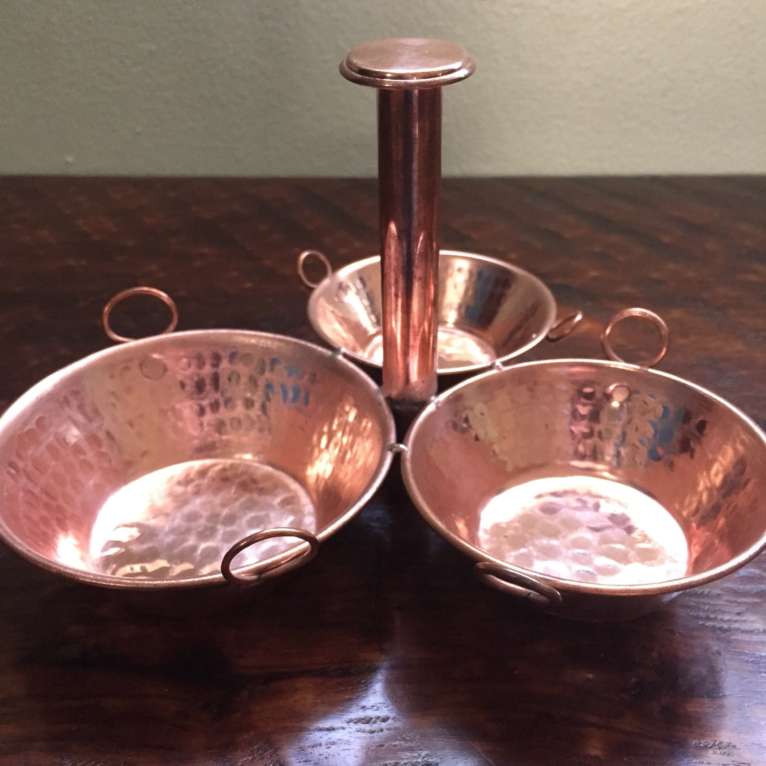 Hammered Copper Serving Tray with Three Dishes 8 x 5 1/2 x 8