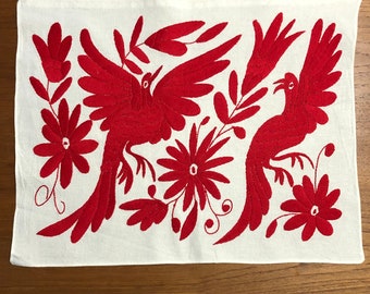 Hand embroidered Otomí placemat/frame-able art (approx. 17” x 13") - red animals and flowers.