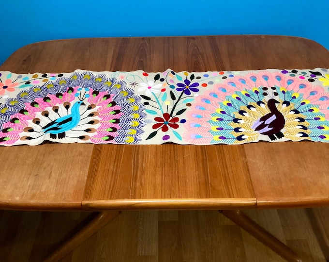 Hand Embroidered Table Runner - Beige Base with Multicolored Peacocks and Flowers