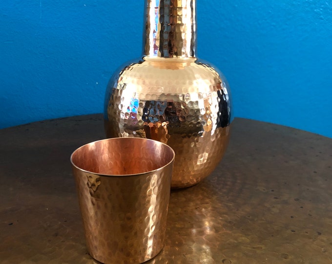 Hand Hammered 64oz Copper Water Carafe with 10oz Hammered Copper Cup / Topper