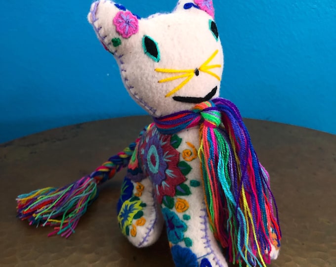 Hand Sewn Stuffed Animal Cat Plush Toy with Premium Colorful Embroidery