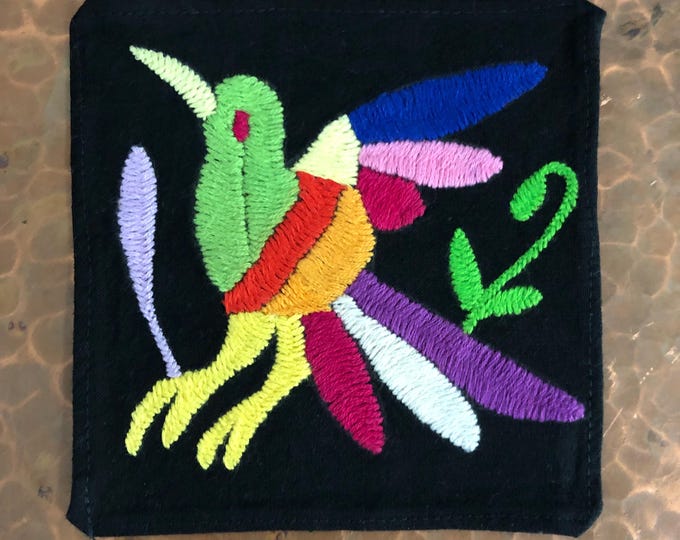 Otomi hand embroidered muslin coaster/cocktail napkin/frame-able art with multicolor bird design approx.  (4.5” x 4.5”)