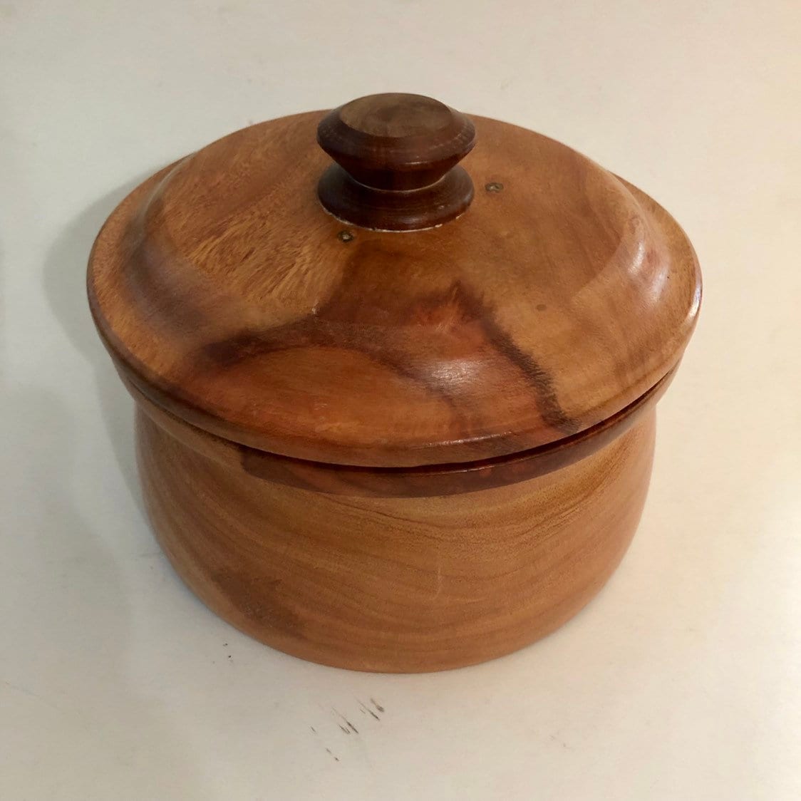 Hand carved wood serving bowl with lid made of Guamuchil wood from Mexico