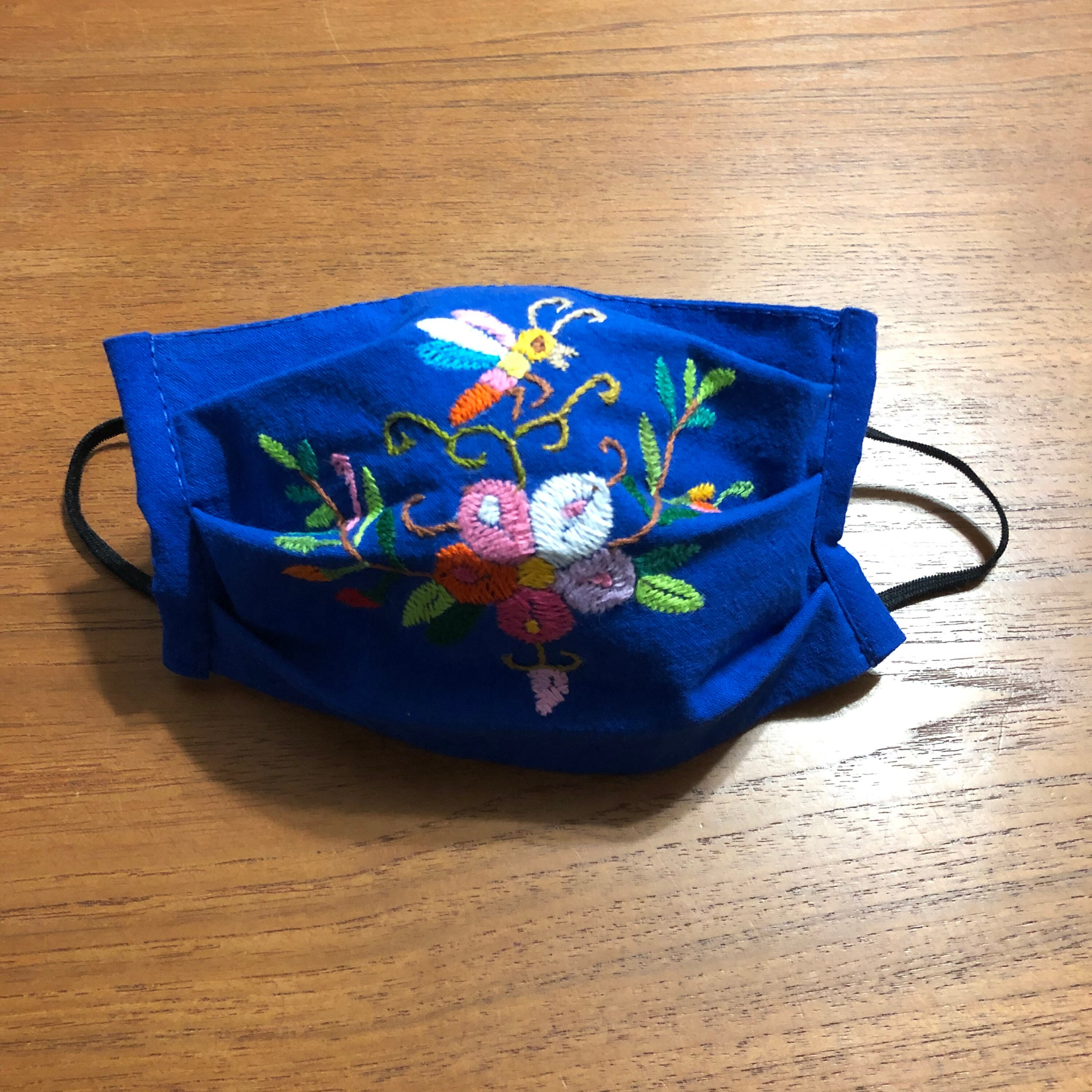 Handmade Muslin Cotton Face Mask with Otomi Embroidery Flowers and Bee