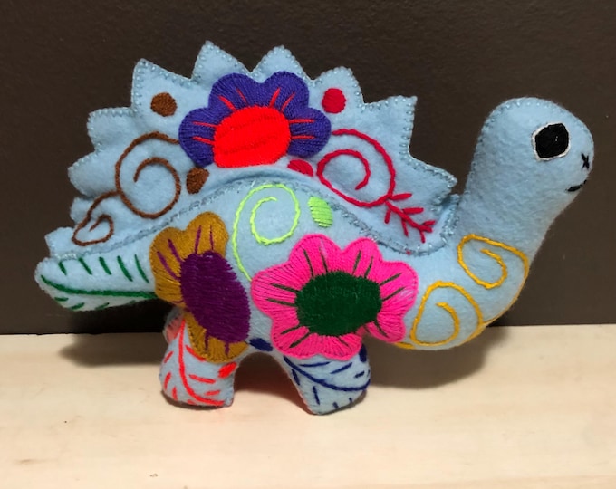 Hand Sewn Stuffed Animal Stegosaurus Dinosaur Plush Toy with Colorful Embroidery