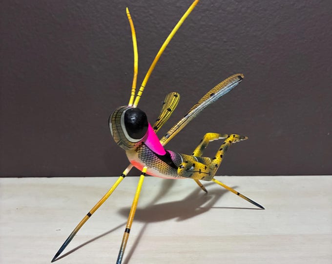 Handcrafted Alebrije Grasshopper: Oaxacan Wood Carving by Zeny Fuentes and Reyna Piña