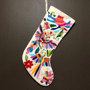 Hand Embroidered Otomi Christmas Stocking: Multicolor Mexican Folk Art