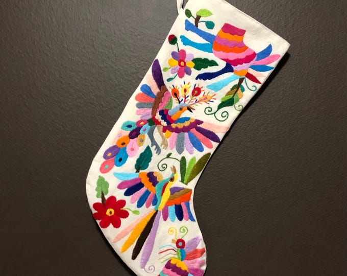 Hand Embroidered Otomi Large Christmas Stocking with Multicolor Embroidery from Hidalgo, Mexico (Off-White Cotton)