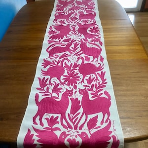 Hand Embroidered Otomi Table Runner: Fuchsia Animals & Flowers (74&quot; x 17&quot;)