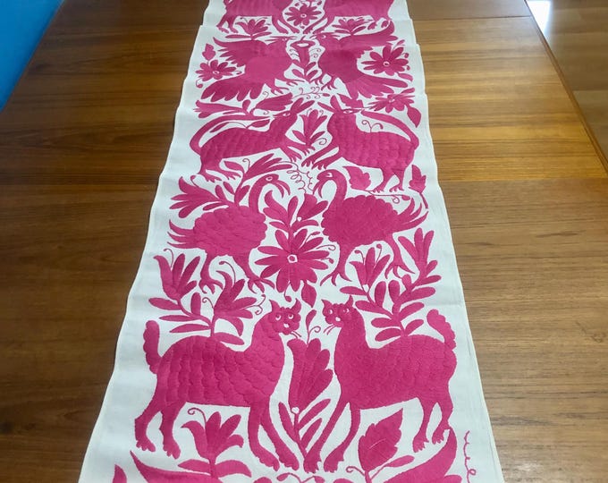Otomi Hand Embroidered Table Runner /Bed Scarf /  Frame-able Art with Fuchsia Embroidery (approx. 74" x 17")