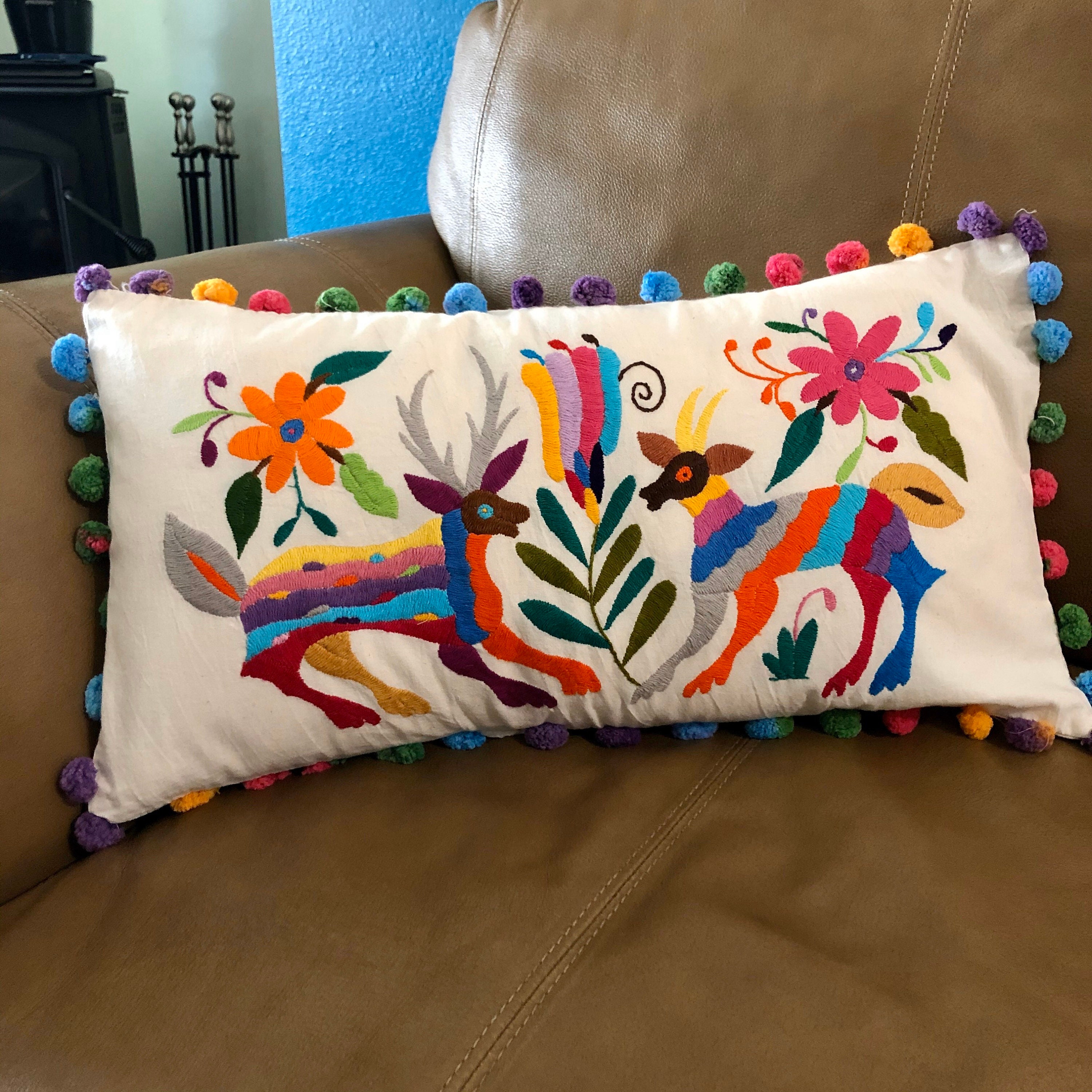 Otomi hand embroidered decorative pillow with birds, bees and flowers